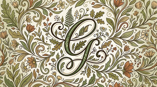 Elegant Vintage Calligraphy Letter G Surrounded by Intricate Botanical Floral Ornament Illustration