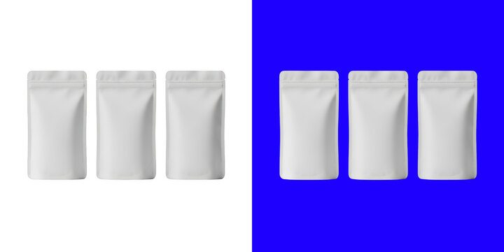 Three blank white snack food pouches arranged in a row for branding and product packaging design presentation mockup template