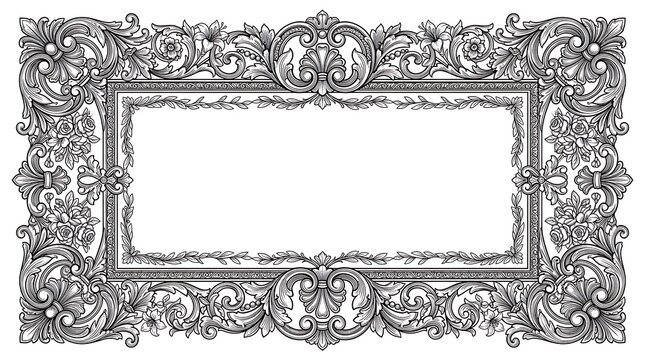Intricate monochrome floral border engraving with baroque scrolls and rose motifs on white background