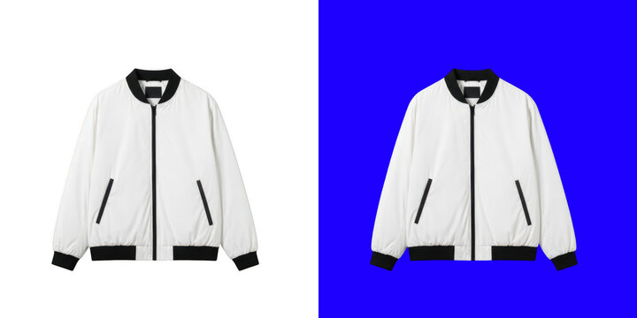 Stylish white bomber jacket with black collar and cuffs for casual fashion wear isolated design template for clothing shop