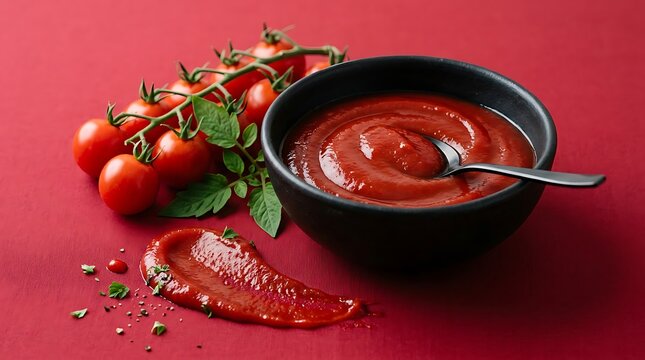 Fresh Tomato Sauce in a Black Bowl with Cherry Tomatoes on the Vine against a Vibrant Red Background