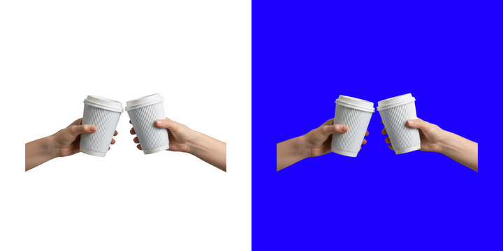 Two hands holding white paper coffee cups making a celebratory toast against a clean studio background