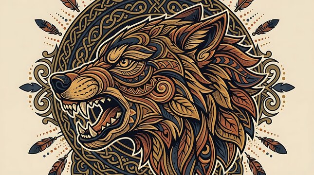 Intricate Ornate Snarling Wolf Head with Celtic Patterns and Feathers in Tribal Illustration Style