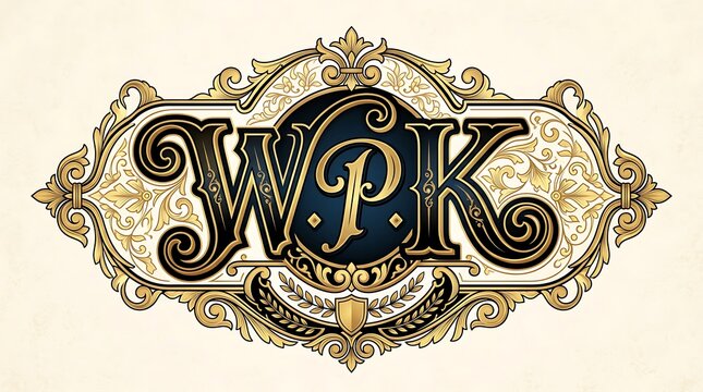 Elegant Vintage Gold Heraldic Monogram with WPK Letters and Intricate Victorian Filigree Design