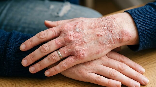 Close Up of Severe Hand Eczema and Psoriasis on Human Skin with Redness, Scars and Irritation