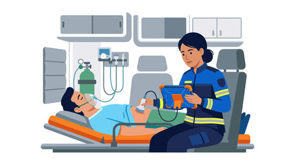 Fototapeta premium Professional female paramedic performing portable ultrasound scan on patient inside emergency ambulance flat vector element