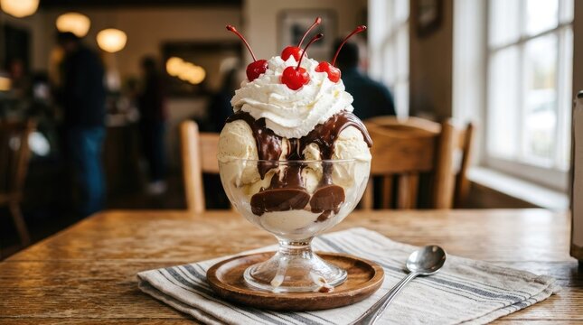 A delicious ice cream sundae with whipped cream, chocolate sauce, and cherries on top, served in a glass bowl on a wooden table with a striped napkin and a spoon.