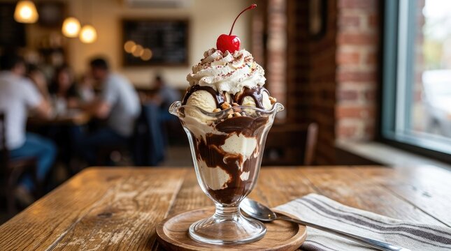 A delicious ice cream sundae with whipped cream, chocolate sauce, and a cherry on top, served in a glass dish on a wooden table in a cozy restaurant with brick walls and a window.