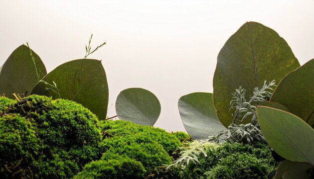 Sophisticated botanical composition with velvety moss textures, muted olive tones, and subtle organic granulation for a premium natural look, minimalist, leafy, vegetation2