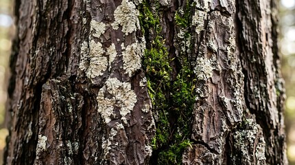 Fototapeta premium Macro View of Detailed Pine Tree Bark Texture with Green Moss and White Lichen Growth in the Forest