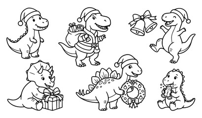 Santa Dinosaur Christmas Party Coloring Outline Clip Art for Kids © Salamun