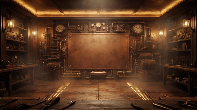 Atmospheric Steampunk Workshop with Blank Copper Panel, Clocks, and Gears