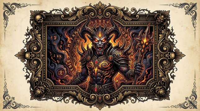 Powerful Horned Demon Lord in Ornate Gothic Frame with Skulls and Ancient Runes in Dark Fantasy Style