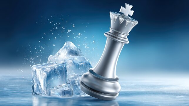 Silver king chess piece standing next to ice cubes on blue background