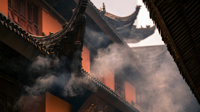 Serene Jade Buddha Temple with Ochre Walls and Curved Rooflines Amidst Soft Smoke and Clouds