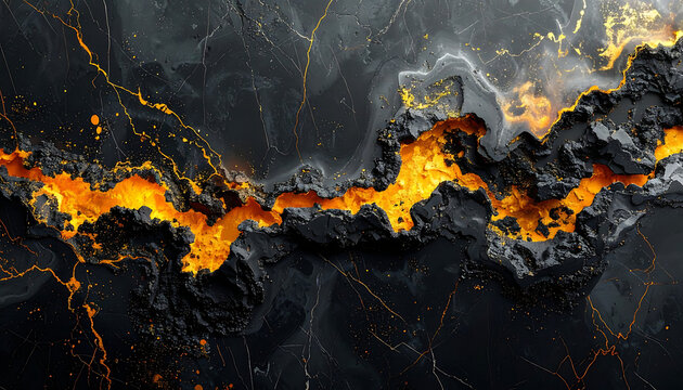 Abstract textured landscape with glowing molten lava fissure, dark rough terrain, and sparkling gold dust, representing geological formation, energy, or chaos