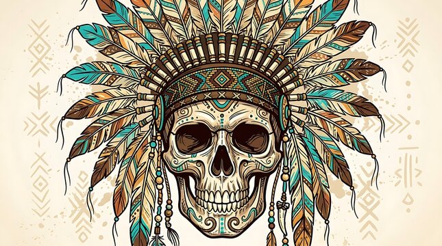 Native American Indian Chief Skull with Traditional Feather War Bonnet Headdress Tribal Illustration