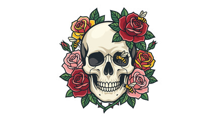 Fototapeta premium Human skull surrounded by colorful roses and bees.