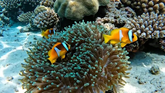 Clownfish swimming in vibrant tropical coral reef anemone.
