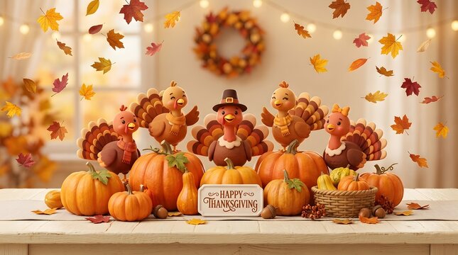Thanksgiving turkey figurines and pumpkins on a table with falling autumn leaves background