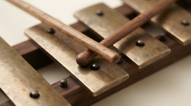 Close up of wooden xylophone bars and mallets.