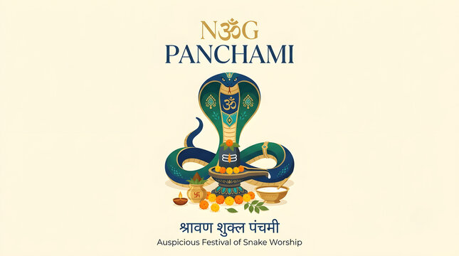 Happy Nag Panchami Vector Illustration with Sacred King Cobra Snake, Shiva Lingam, Milk Offering, Kalash, Diya, Marigold Flowers, Om Symbol, and Hindi Calligraphy Text