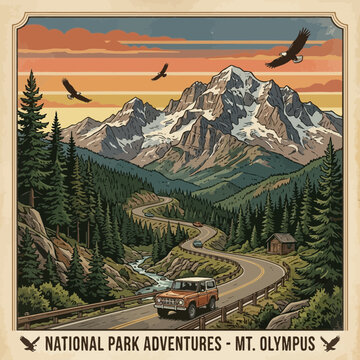 Vintage style illustration of a scenic road trip through the mountains of mount olympus national park at sunset