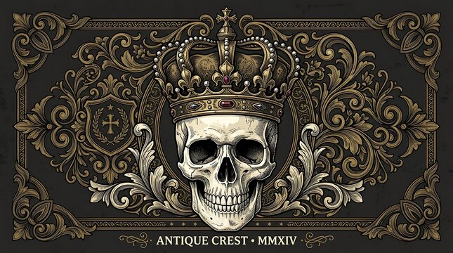 Vintage Antique Crest Illustration of Human Skull Wearing Ornate Golden Crown with Baroque Filigree