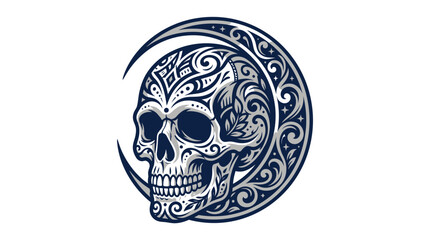 Fototapeta premium Ornate floral skull illustration with crescent moon background.