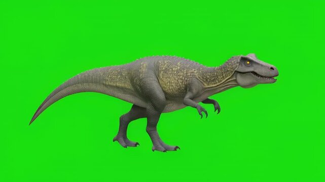 Tyrannosaurus Rex walking on green screen background with cinematic motion and subtle camera movement