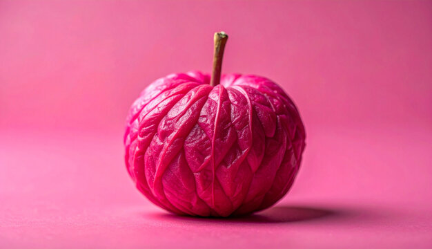 Creative abstract pink apple with a unique textured cabbage-like outer surface standing on a matching magenta background, perfect for modern surreal art, creative conceptual design, and banners.