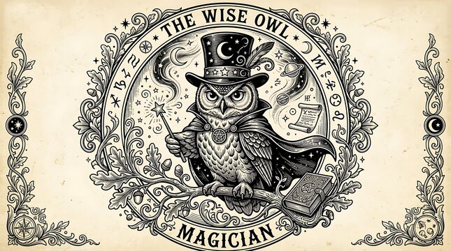 Vintage Engraving Style Wise Owl Magician Character with Magic Wand Top Hat and Mystical Symbols