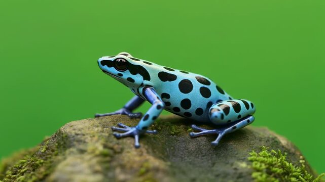 Vibrant poison dart frog perched on mossy rock with smooth green background seamless motion