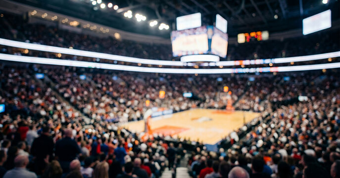 Fully blurred basketball stadium with a large indistinct crowd, glowing lights and soft seating tiers creating an energetic indoor sports atmosphere for advertising and event promotion.