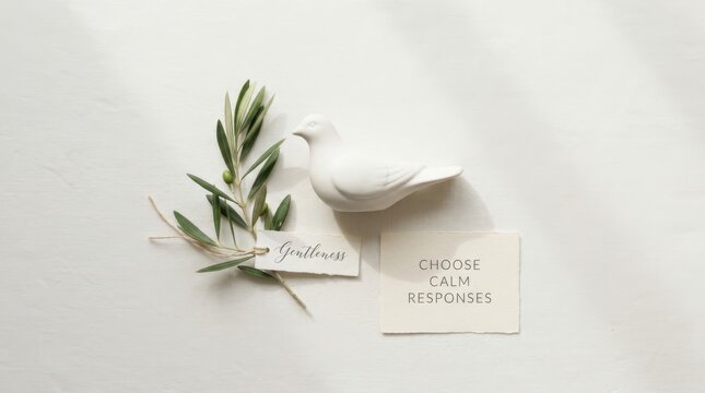 Peaceful white ceramic bird sits by fresh olive branch and paper notes with text gentleness and choose calm responses used for encouraging mental health mindfulness and spiritual growth in daily life.