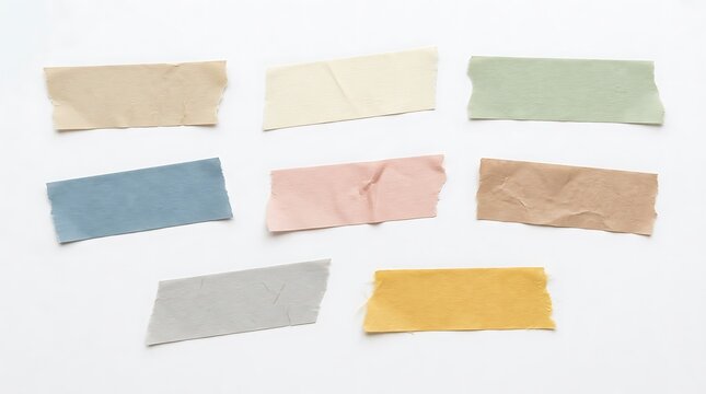 Set of various colored masking tape pieces with torn edges arranged on a white background tape strips adhesive tape colorful tape adhesive strip flat lay sticky tape adhesive colorful