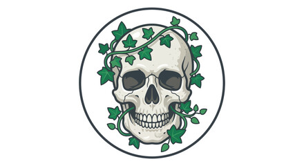 Fototapeta premium Skull encircled by green ivy leaves and vines.