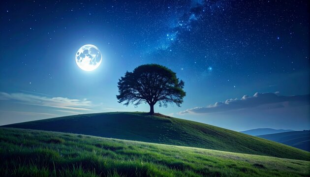 A solitary tree sits on a gentle grassy hill beneath the soft glow of moonlight and a starry night sky, creating a calm and peaceful mood, silhouette, horizon, night13