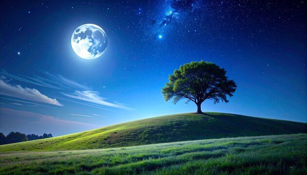A solitary tree sits on a gentle grassy hill beneath the soft glow of moonlight and a starry night sky, creating a calm and peaceful mood, silhouette, horizon, night14