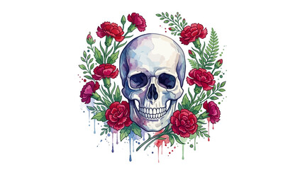 Fototapeta premium Skull with red roses and green leaves on white.