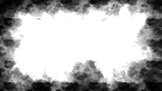 Dark smoke border frame texture with transparent center for mysterious cinematic horror and dramatic vignette.