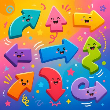 Eight animated arrow characters in a digital illustration, each with a different color: teal, pink, yellow, purple, blue, green, orange, and red, feature smiling faces and point in various directions.