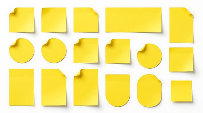 Yellow adhesive sticky notes collection of various shapes and sizes on white background with stationery adhesive reminder collection rectangle organizer supplies communication business