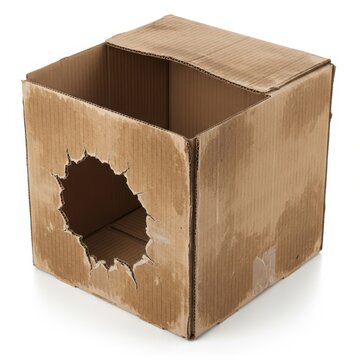 Cardboard box with hole, damaged brown paper shipping carton, empty corrugated package for moving and storage on white background