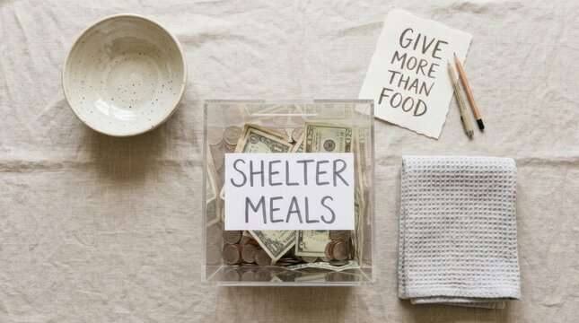 Transparent donation box filled with cash and coins for shelter meals placed on a linen surface beside a note saying give more than food to support the homeless and provide essential community relief.