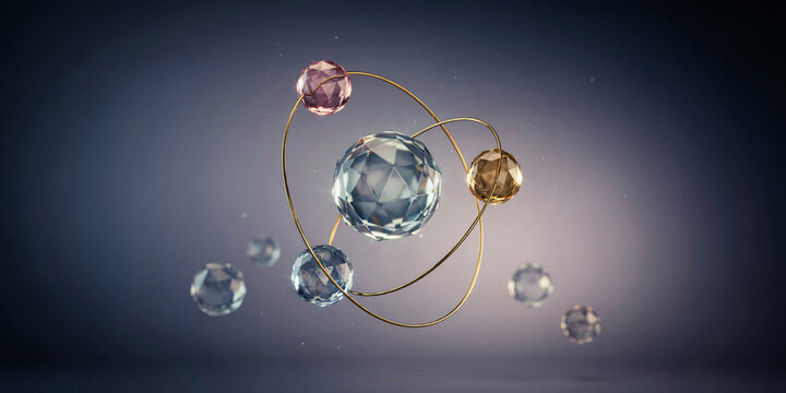 Scientific atom model with crystal spheres and golden rings on dark background