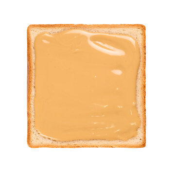Slice of bread covered with creamy peanut butter, isolated. Transparent PNG image.