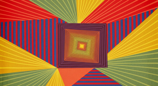 Vibrant abstract pattern with radiating lines and concentric squares, creating a dynamic visual effect and symbolizing energy, motion, and optical illusion.