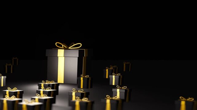 Black Friday sale with rows of gifts falling on black background