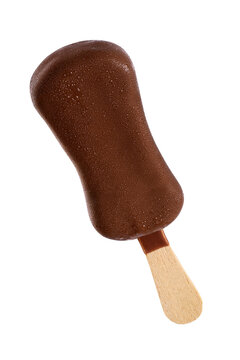 Chocolate-coated popsicle with water droplets isolated. Transparent PNG image.